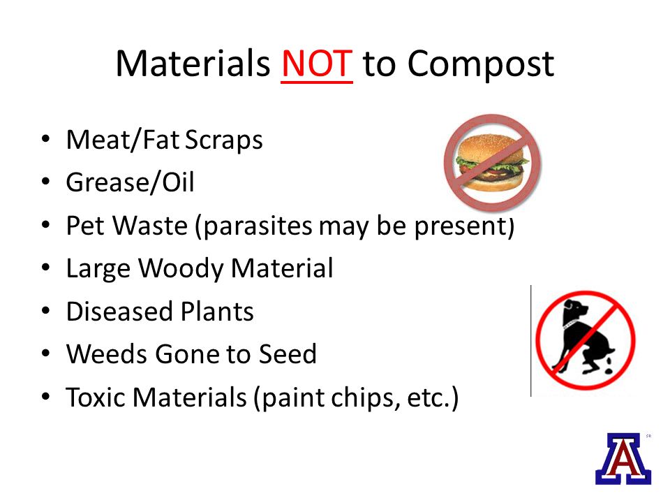 Materials NOT to Compost Meat/Fat Scraps Grease/Oil Pet Waste (parasites may be present) Large Woody Material Diseased Plants Weeds Gone to Seed Toxic Materials (paint chips, etc.)