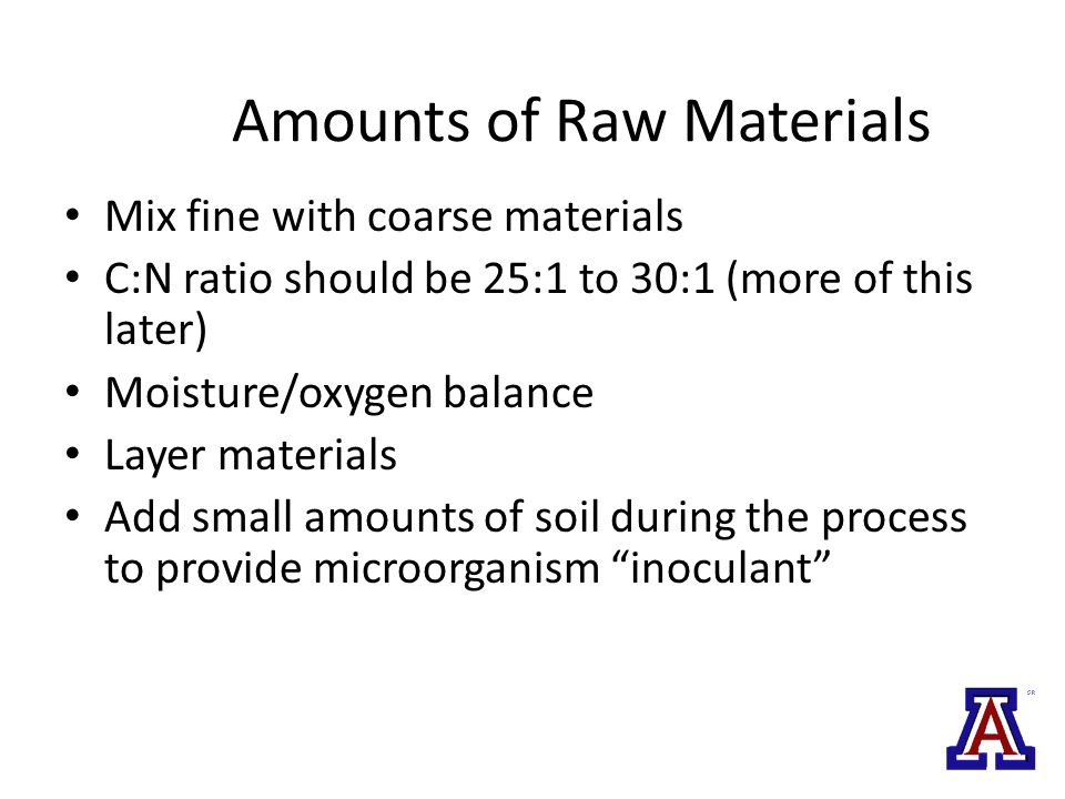 Amounts of Raw Materials Mix fine with coarse materials C:N ratio should be 25:1 to 30:1 (more of this later) Moisture/oxygen balance Layer materials Add small amounts of soil during the process to provide microorganism inoculant