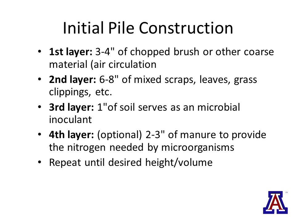 Initial Pile Construction 1st layer: 3-4 of chopped brush or other coarse material (air circulation 2nd layer: 6-8 of mixed scraps, leaves, grass clippings, etc.