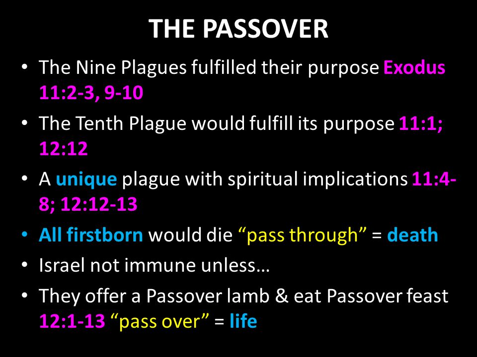 THE PASSOVER The Nine Plagues fulfilled their purpose Exodus 11:2-3, 9-10 The Tenth Plague would fulfill its purpose 11:1; 12:12 A unique plague with spiritual implications 11:4- 8; 12:12-13 All firstborn would die pass through = death Israel not immune unless… They offer a Passover lamb & eat Passover feast 12:1-13 pass over = life