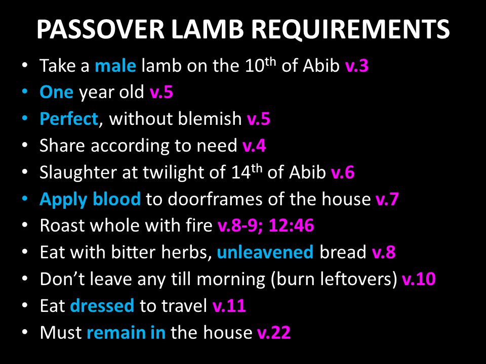 PASSOVER LAMB REQUIREMENTS Take a male lamb on the 10 th of Abib v.3 One year old v.5 Perfect, without blemish v.5 Share according to need v.4 Slaughter at twilight of 14 th of Abib v.6 Apply blood to doorframes of the house v.7 Roast whole with fire v.8-9; 12:46 Eat with bitter herbs, unleavened bread v.8 Don’t leave any till morning (burn leftovers) v.10 Eat dressed to travel v.11 Must remain in the house v.22