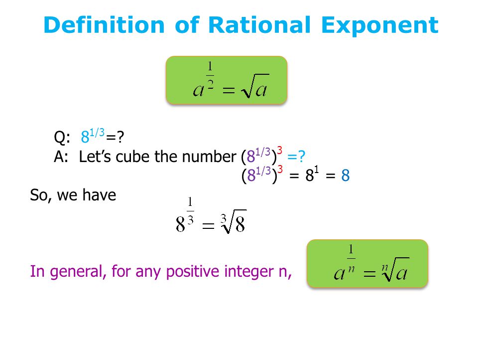 Definition of Rational Exponent Q: 8 1/3 =. A: Let’s cube the number (8 1/3 ) 3 =.
