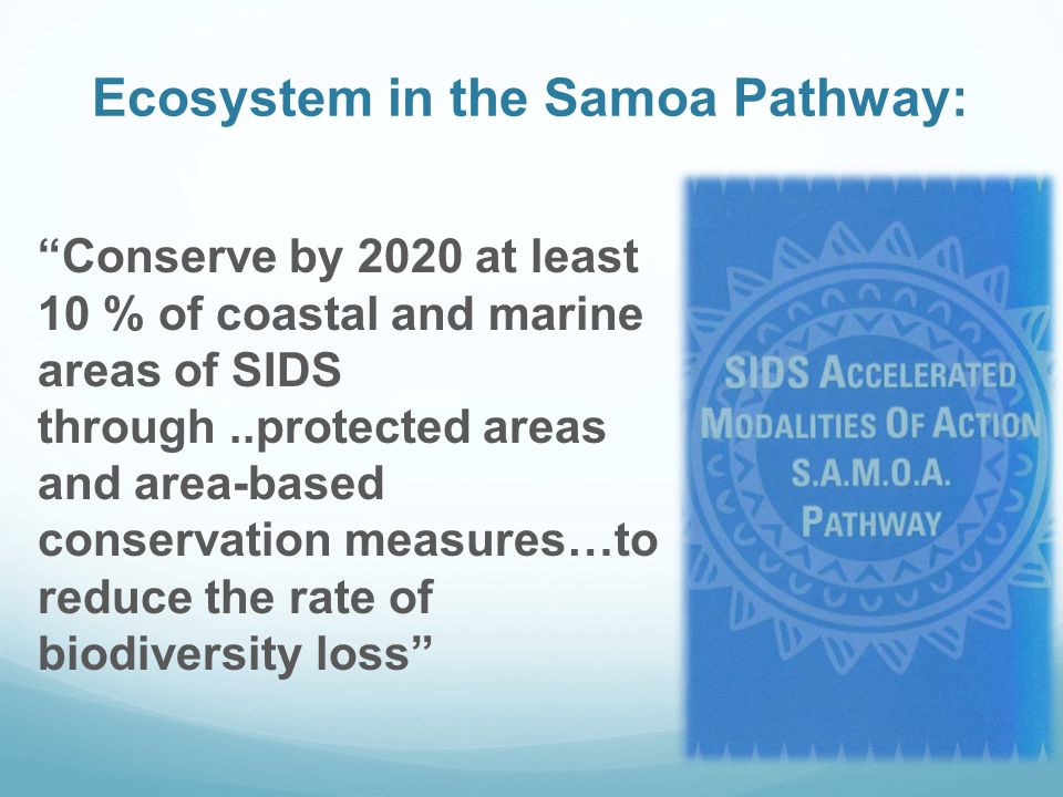 Ecosystem in the Samoa Pathway: Conserve by 2020 at least 10 % of coastal and marine areas of SIDS through..protected areas and area-based conservation measures…to reduce the rate of biodiversity loss