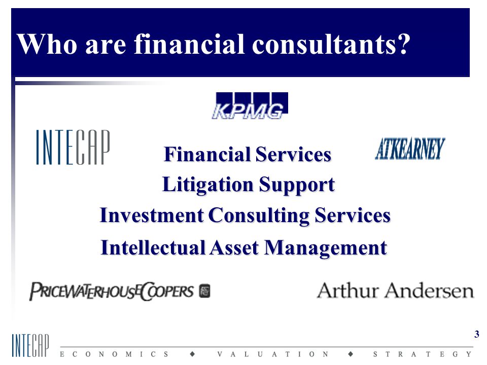 3 Financial Services Litigation Support Investment Consulting Services Intellectual Asset Management Who are financial consultants