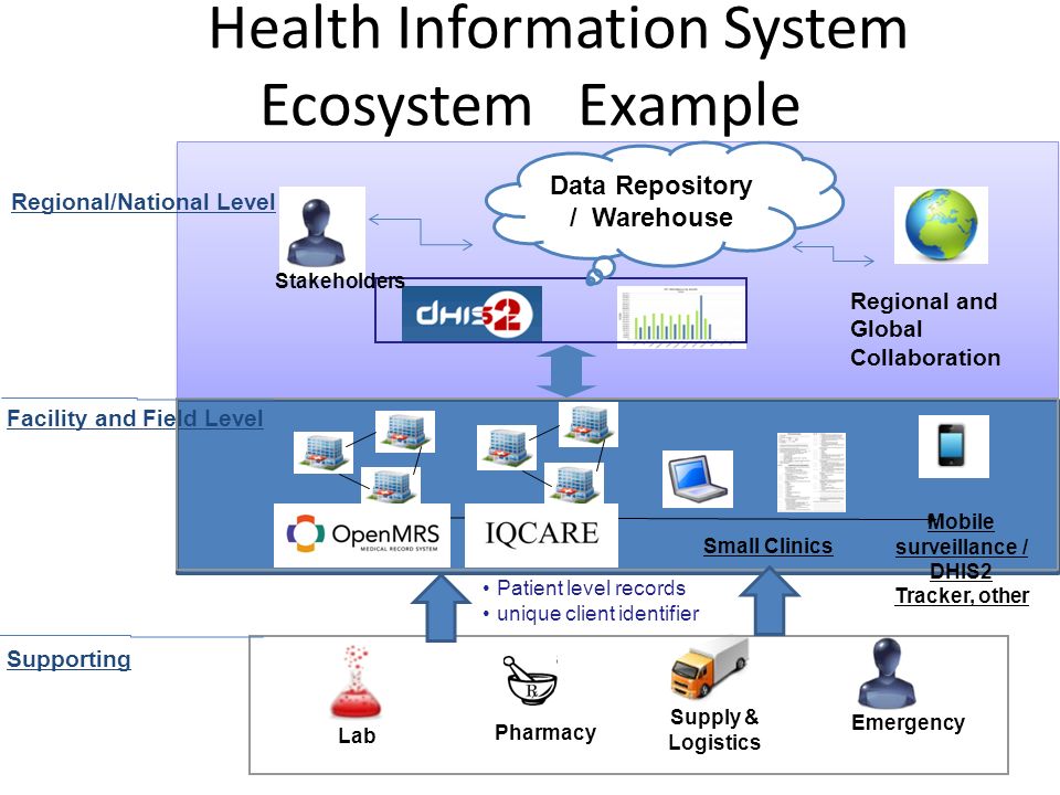 Health Information System Ecosystem Example Small Clinics Lab Emergency Supply & Logistics Pharmacy Regional/National Level Regional and Global Collaboration Facility and Field Level Supporting Patient level records unique client identifier Mobile surveillance / DHIS2 Tracker, other Data Repository / Warehouse Stakeholders