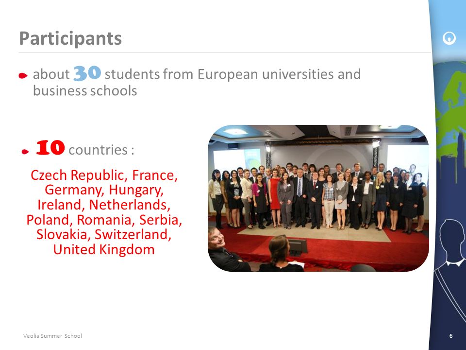 Veolia Summer School6 Participants about 30 students from European universities and business schools 10 countries : Czech Republic, France, Germany, Hungary, Ireland, Netherlands, Poland, Romania, Serbia, Slovakia, Switzerland, United Kingdom