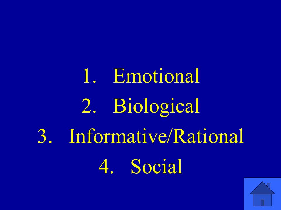 1.Emotional 2.Biological 3.Informative/Rational 4.Social
