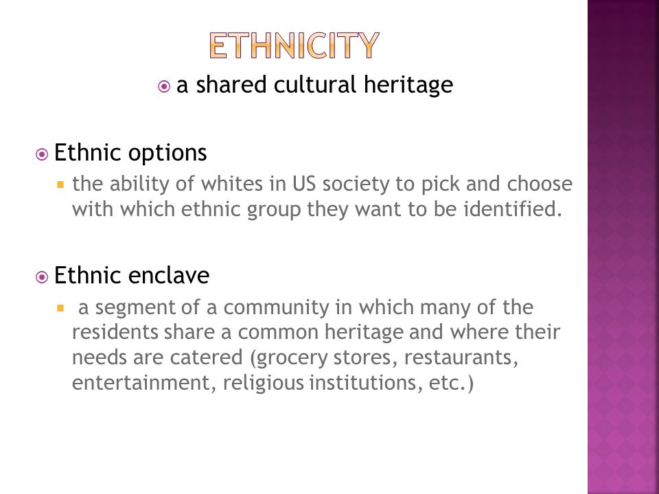  a shared cultural heritage  Ethnic options  the ability of whites in US society to pick and choose with which ethnic group they want to be identified.