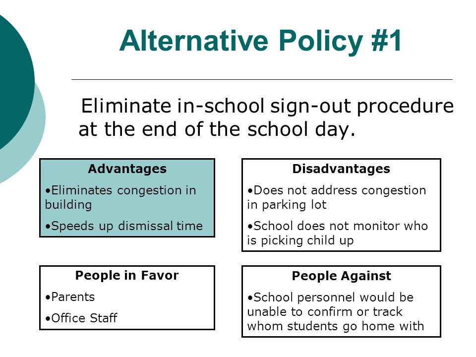 Alternative Policy #1 Eliminate in-school sign-out procedure at the end of the school day.