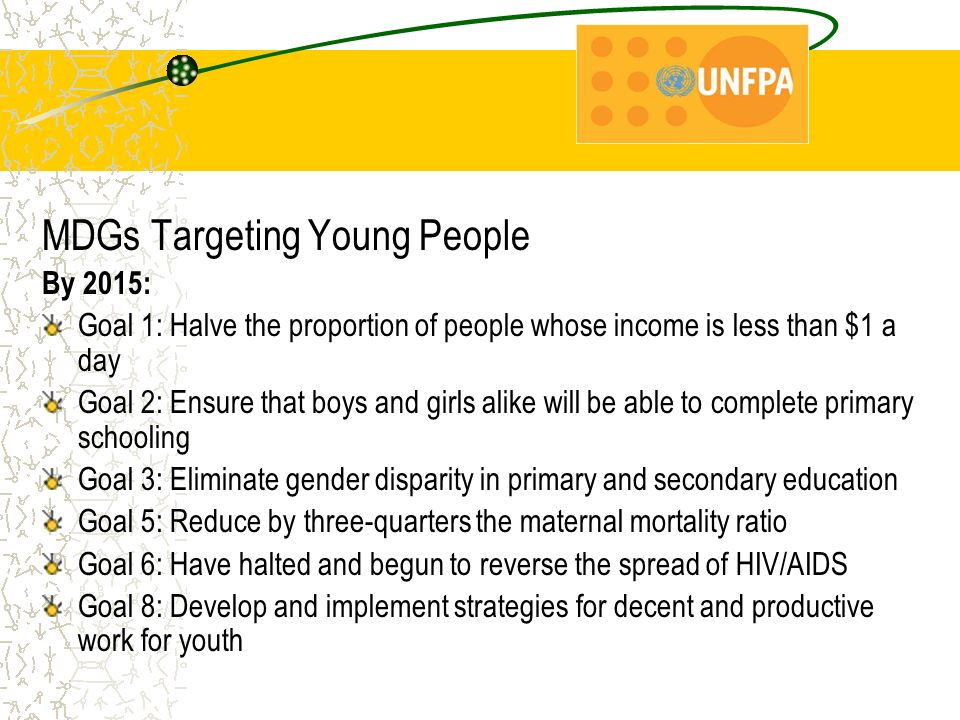 MDGs Targeting Young People By 2015: Goal 1: Halve the proportion of people whose income is less than $1 a day Goal 2: Ensure that boys and girls alike will be able to complete primary schooling Goal 3: Eliminate gender disparity in primary and secondary education Goal 5: Reduce by three-quarters the maternal mortality ratio Goal 6: Have halted and begun to reverse the spread of HIV/AIDS Goal 8: Develop and implement strategies for decent and productive work for youth