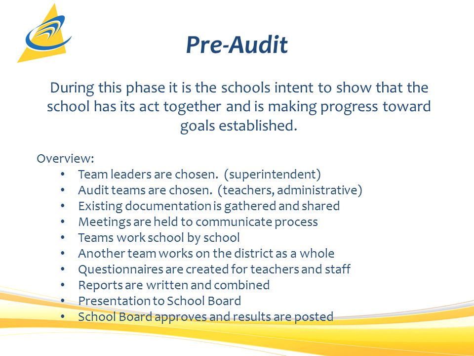 Pre-Audit During this phase it is the schools intent to show that the school has its act together and is making progress toward goals established.
