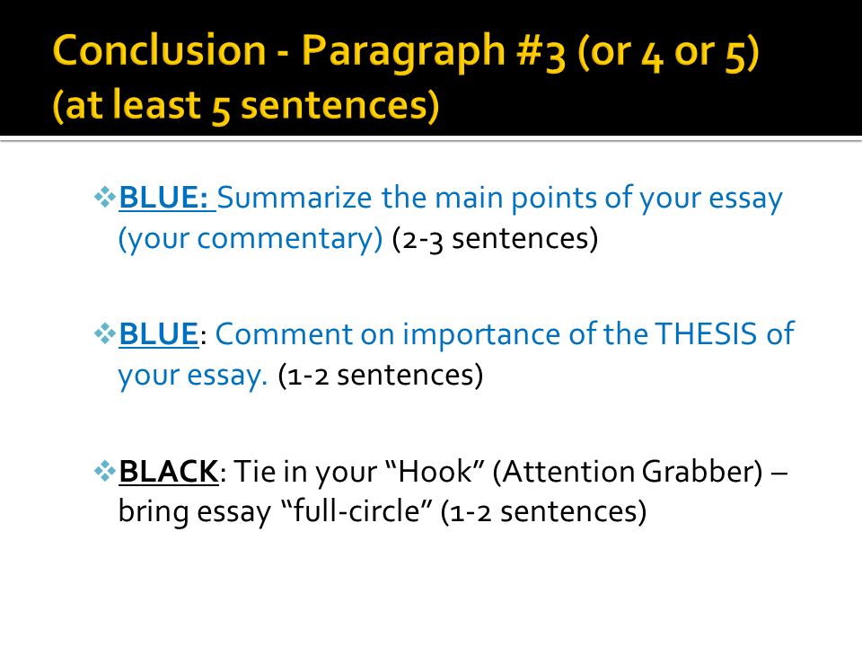  BLUE: Summarize the main points of your essay (your commentary) (2-3 sentences)  BLUE: Comment on importance of the THESIS of your essay.