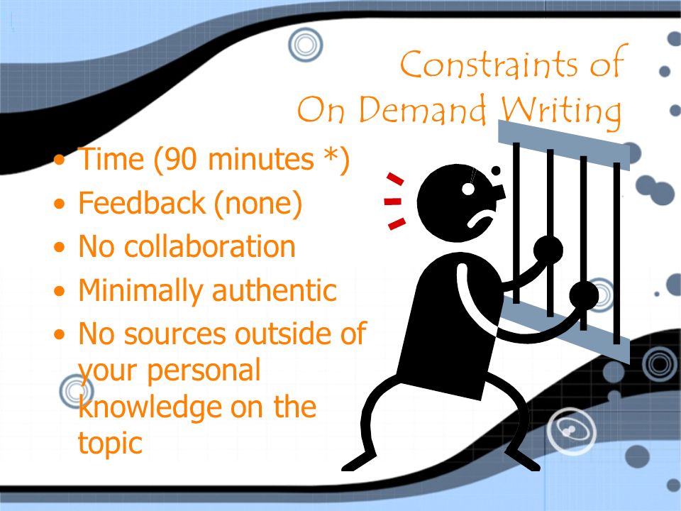 Constraints of On Demand Writing Time (90 minutes *) Feedback (none) No collaboration Minimally authentic No sources outside of your personal knowledge on the topic Time (90 minutes *) Feedback (none) No collaboration Minimally authentic No sources outside of your personal knowledge on the topic