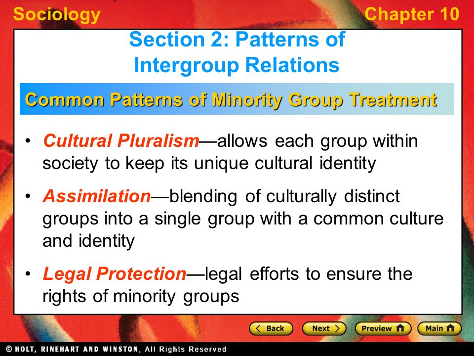 SociologyChapter 10 Common Patterns of Minority Group Treatment Cultural Pluralism—allows each group within society to keep its unique cultural identity Assimilation—blending of culturally distinct groups into a single group with a common culture and identity Legal Protection—legal efforts to ensure the rights of minority groups Section 2: Patterns of Intergroup Relations