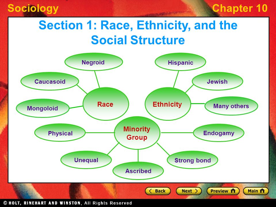 SociologyChapter 10 Hispanic Jewish Caucasoid Negroid Race Ethnicity Minority Group Endogamy Strong bond Ascribed Unequal Physical Section 1: Race, Ethnicity, and the Social Structure Mongoloid Many others