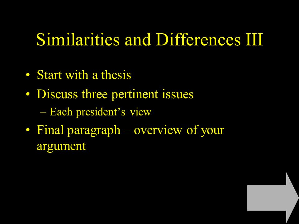 Similarities and Differences III Start with a thesis Discuss three pertinent issues –Each president’s view Final paragraph – overview of your argument