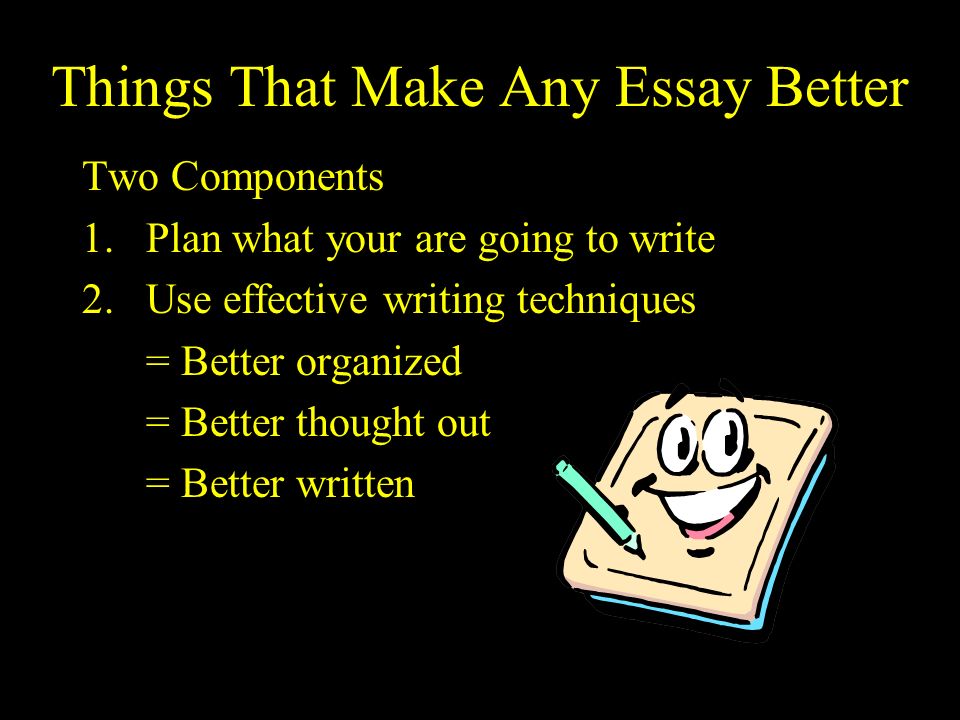 Things That Make Any Essay Better Two Components 1.Plan what your are going to write 2.Use effective writing techniques = Better organized = Better thought out = Better written
