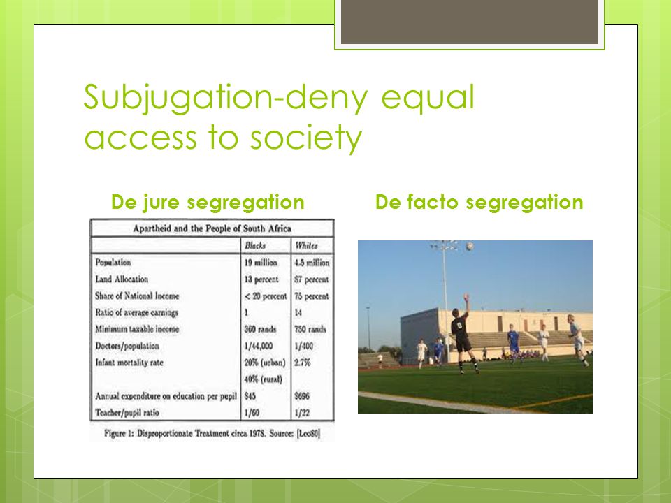 Subjugation-deny equal access to society De jure segregationDe facto segregation