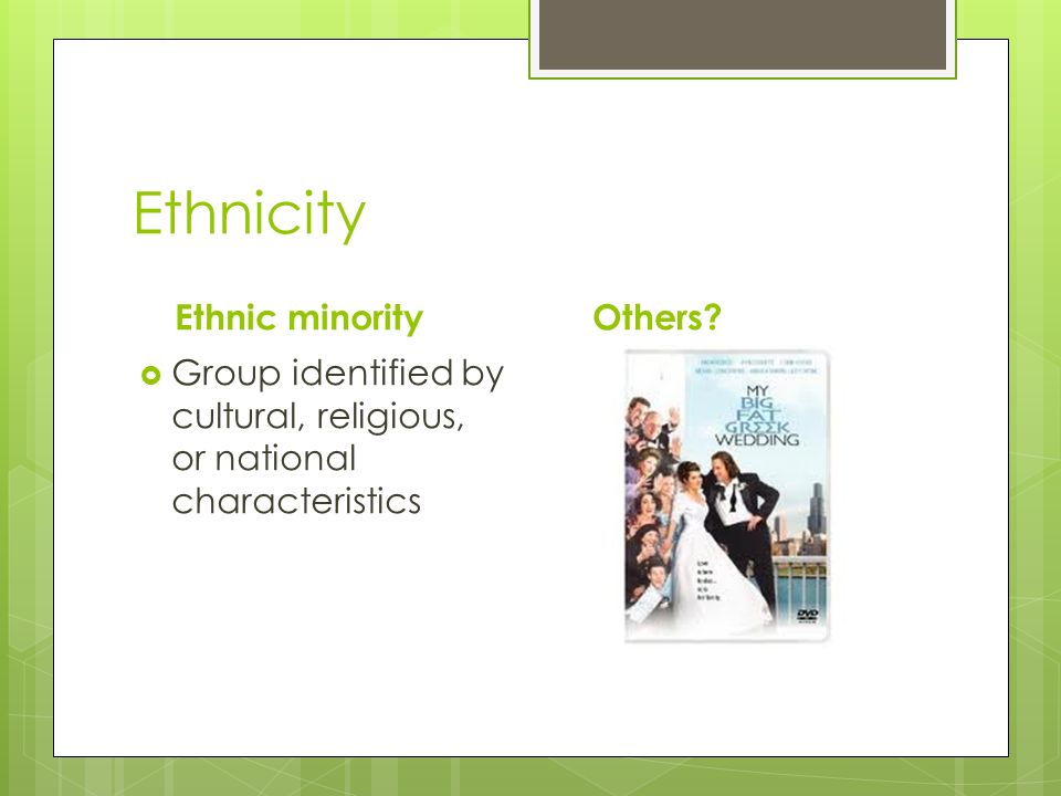 Ethnicity Ethnic minority  Group identified by cultural, religious, or national characteristics Others
