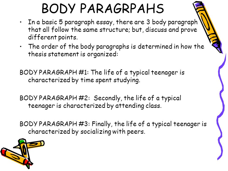 BODY PARAGRPAHS In a basic 5 paragraph essay, there are 3 body paragraph that all follow the same structure; but, discuss and prove different points.