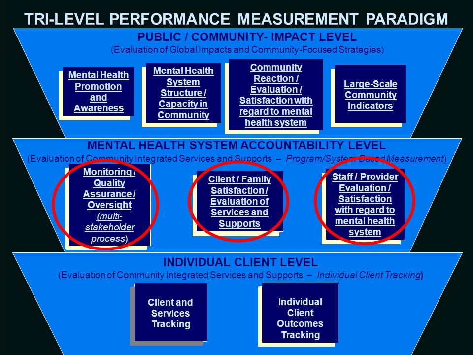 Client and Services Tracking Individual Client Outcomes Tracking Monitoring / Quality Assurance / Oversight (multi- stakeholder process) Monitoring / Quality Assurance / Oversight (multi- stakeholder process) Staff / Provider Evaluation / Satisfaction with regard to mental health system Client / Family Satisfaction / Evaluation of Services and Supports TRI-LEVEL PERFORMANCE MEASUREMENT PARADIGM Mental Health Promotion and Awareness Community Reaction / Evaluation / Satisfaction with regard to mental health system Large-Scale Community Indicators Mental Health System Structure / Capacity in Community PUBLIC / COMMUNITY- IMPACT LEVEL (Evaluation of Global Impacts and Community-Focused Strategies) MENTAL HEALTH SYSTEM ACCOUNTABILITY LEVEL (Evaluation of Community Integrated Services and Supports – Program/System-Based Measurement) INDIVIDUAL CLIENT LEVEL (Evaluation of Community Integrated Services and Supports – Individual Client Tracking) Client and Services Tracking Individual Client Outcomes Tracking Monitoring / Quality Assurance / Oversight (multi- stakeholder process) Monitoring / Quality Assurance / Oversight (multi- stakeholder process) Client / Family Satisfaction / Evaluation of Services and Supports Staff / Provider Evaluation / Satisfaction with regard to mental health system Mental Health Promotion and Awareness Community Reaction / Evaluation / Satisfaction with regard to mental health system Large-Scale Community Indicators Mental Health System Structure / Capacity in Community