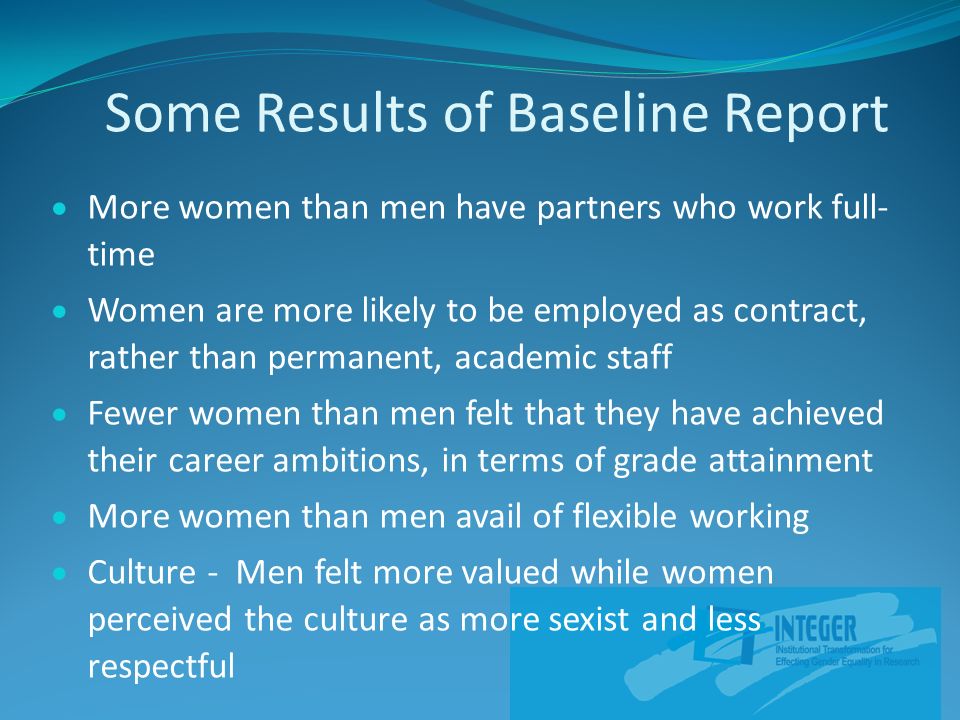  More women than men have partners who work full- time  Women are more likely to be employed as contract, rather than permanent, academic staff  Fewer women than men felt that they have achieved their career ambitions, in terms of grade attainment  More women than men avail of flexible working  Culture - Men felt more valued while women perceived the culture as more sexist and less respectful Some Results of Baseline Report