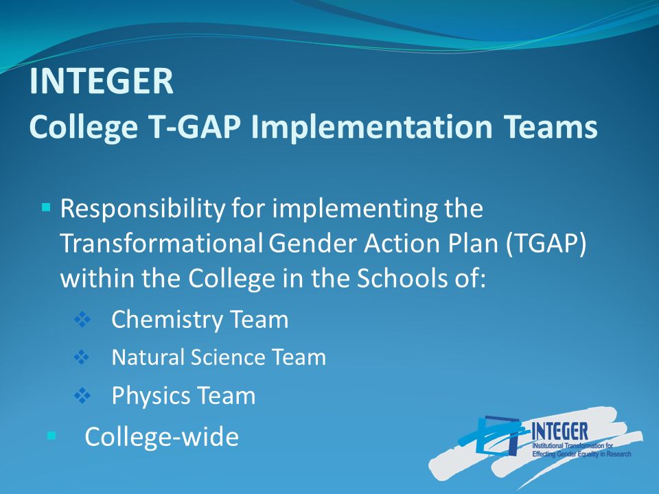 INTEGER College T-GAP Implementation Teams  Responsibility for implementing the Transformational Gender Action Plan (TGAP) within the College in the Schools of:  Chemistry Team  Natural Science Team  Physics Team  College-wide
