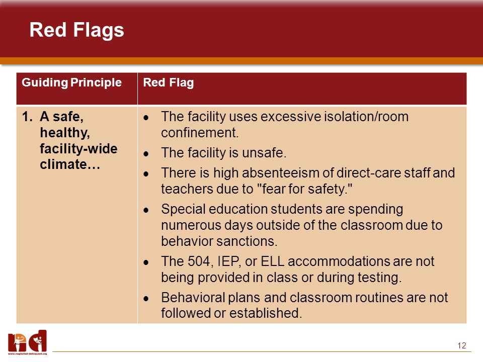 12 Red Flags Guiding PrincipleRed Flag 1.A safe, healthy, facility-wide climate…  The facility uses excessive isolation/room confinement.