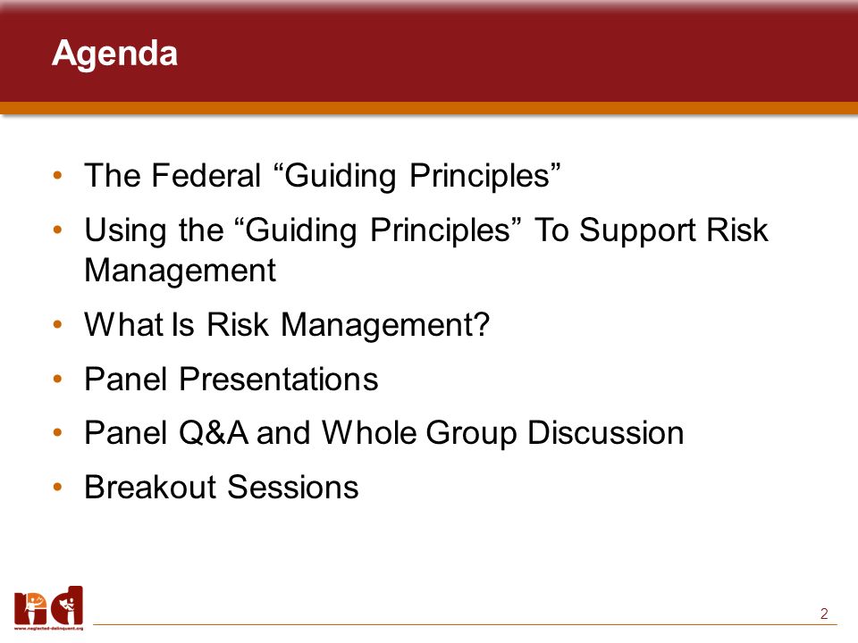 2 Agenda The Federal Guiding Principles Using the Guiding Principles To Support Risk Management What Is Risk Management.