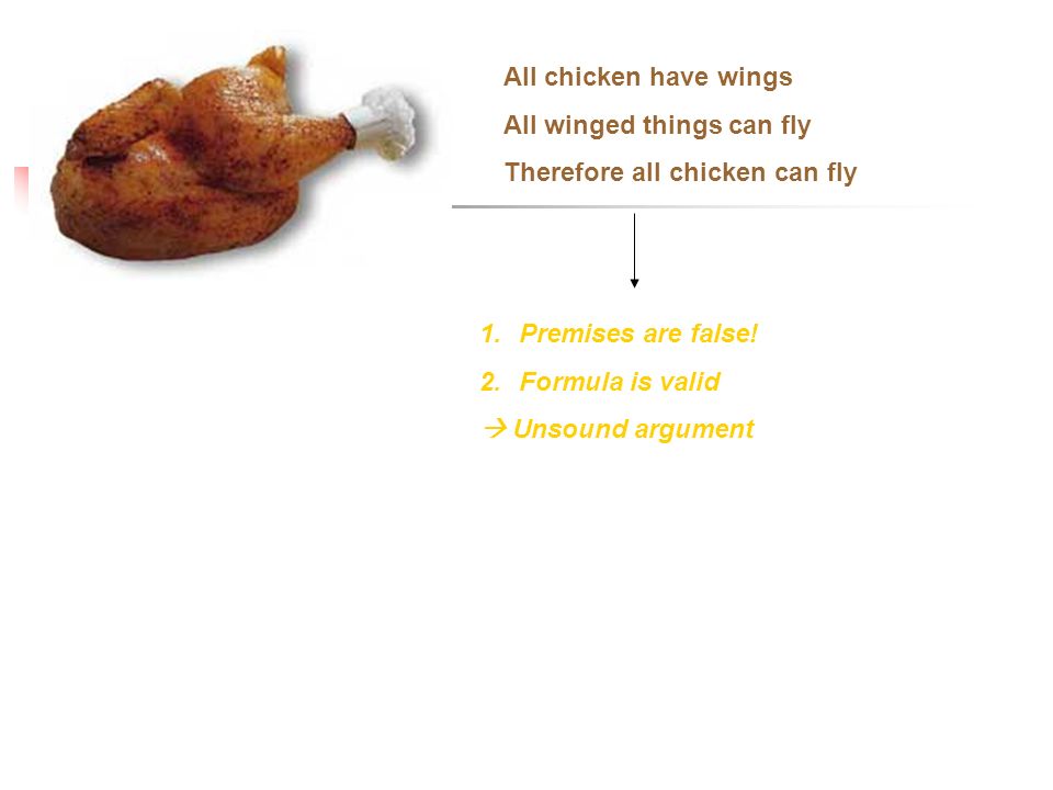 All chicken have wings All winged things can fly Therefore all chicken can fly 1.Premises are false.