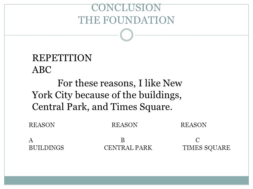 CONCLUSION THE FOUNDATION For these reasons, I like New York City because of the buildings, Central Park, and Times Square.