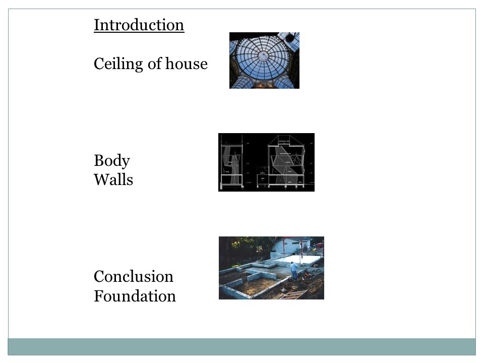 Introduction Ceiling of house Body Walls Conclusion Foundation