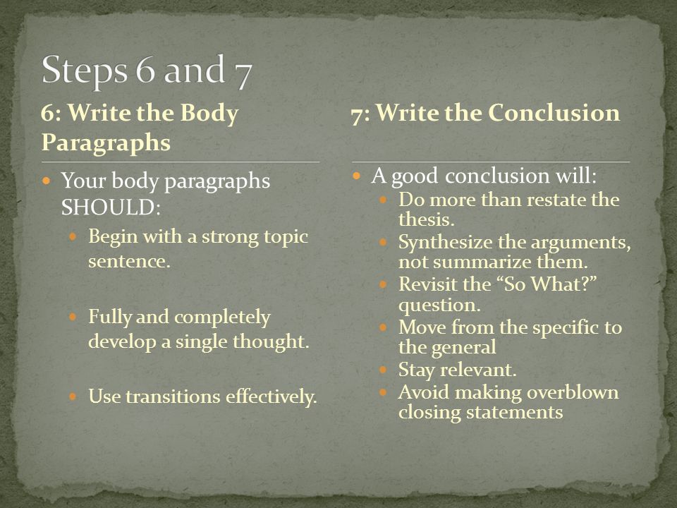 6: Write the Body Paragraphs Your body paragraphs SHOULD: Begin with a strong topic sentence.