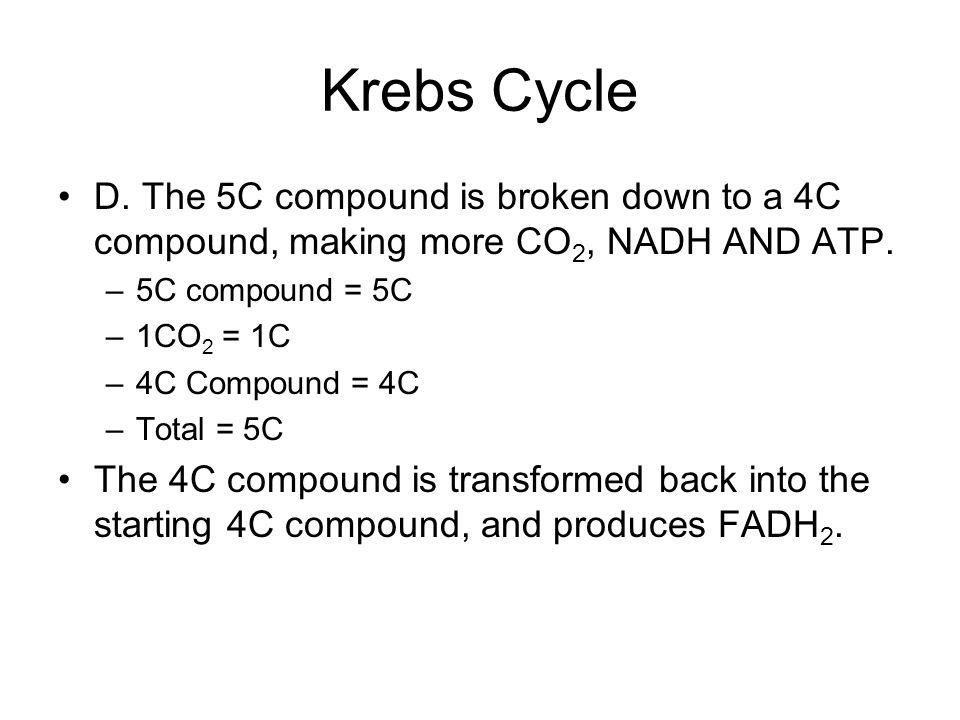 D. The 5C compound is broken down to a 4C compound, making more CO 2, NADH AND ATP.