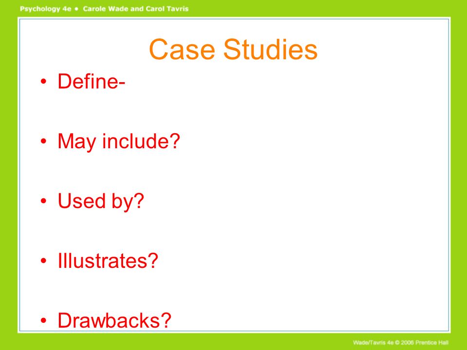 Case Studies Define- May include Used by Illustrates Drawbacks