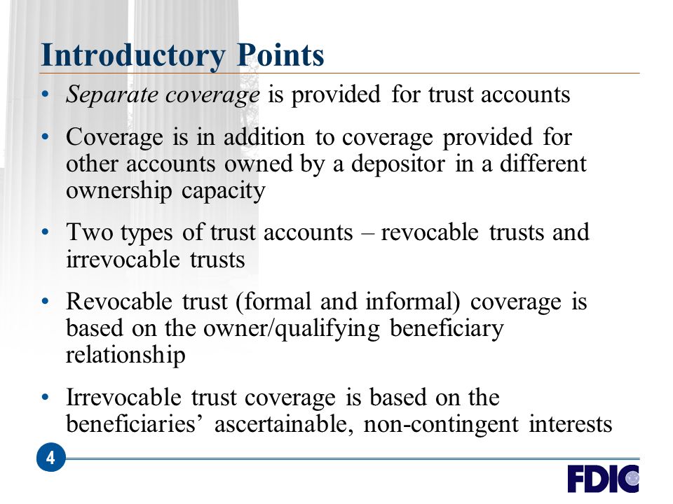 Fdic S National Telephone Conference On Deposit Insurance Coverage For Revocable Irrevocable Trust Accounts Session Dates October 23 November 13 Ppt Download