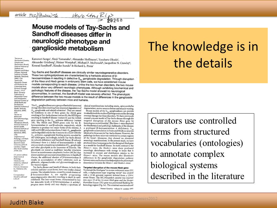 Judith Blake Func Genomics2012 Curators use controlled terms from structured vocabularies (ontologies) to annotate complex biological systems described in the literature The knowledge is in the details