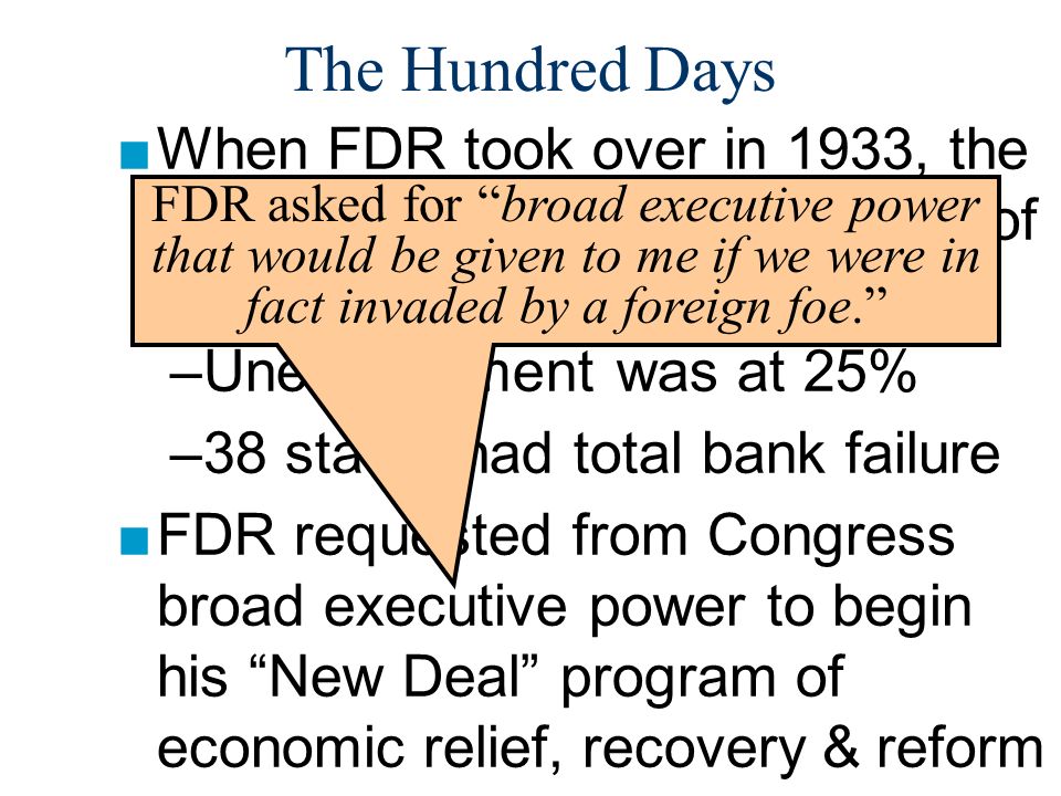 The Hundred Days ■When FDR took over in 1933, the U.S.