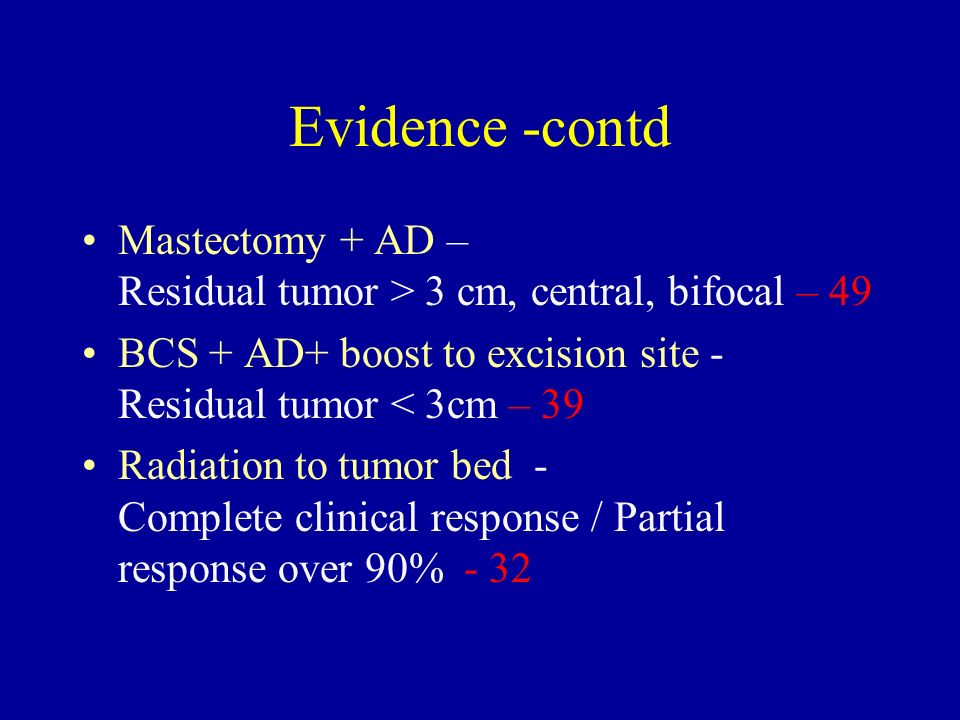 Evidence -contd Mastectomy + AD – Residual tumor > 3 cm, central, bifocal – 49 BCS + AD+ boost to excision site - Residual tumor < 3cm – 39 Radiation to tumor bed - Complete clinical response / Partial response over 90% - 32