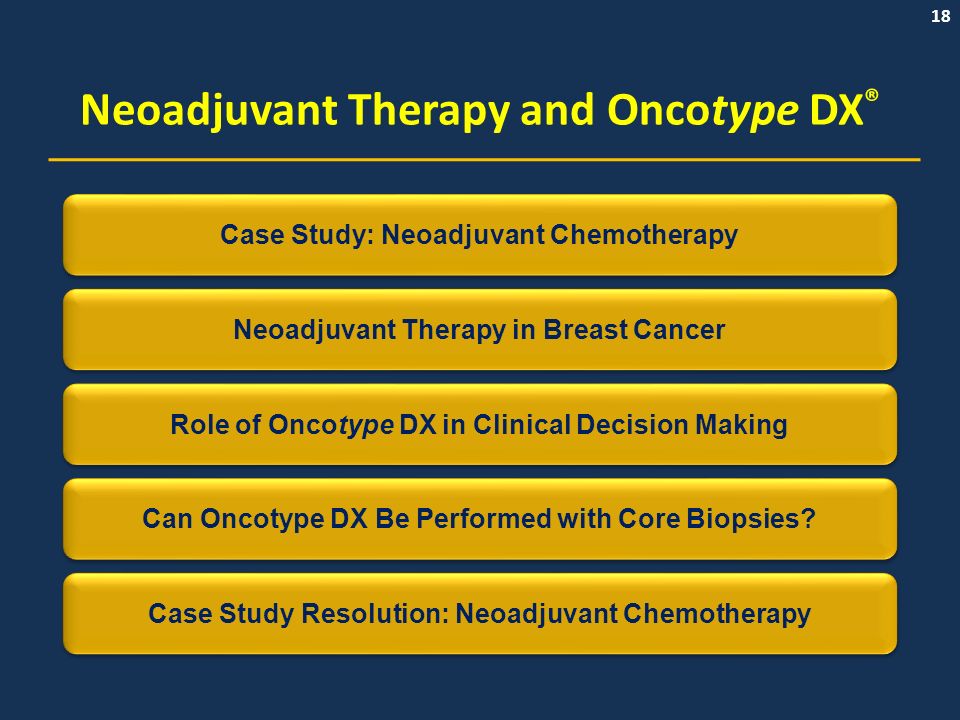 18 Neoadjuvant Therapy and Oncotype DX ® Neoadjuvant Therapy in Breast Cancer Role of Oncotype DX in Clinical Decision Making Case Study Resolution: Neoadjuvant Chemotherapy Case Study: Neoadjuvant Chemotherapy Can Oncotype DX Be Performed with Core Biopsies