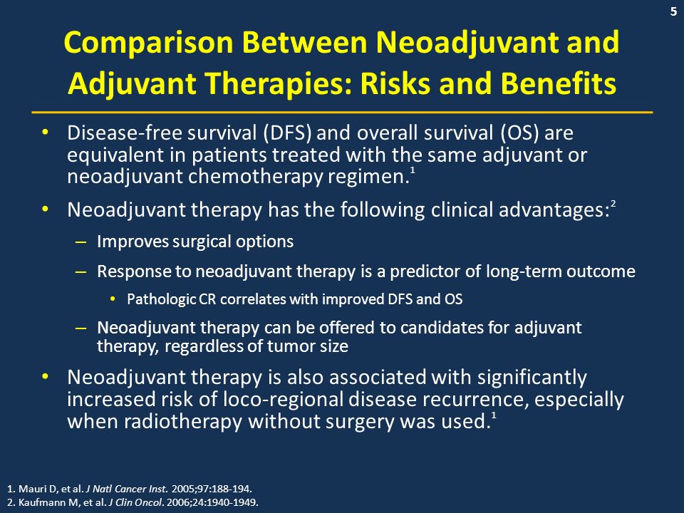 5 Comparison Between Neoadjuvant and Adjuvant Therapies: Risks and Benefits Disease-free survival (DFS) and overall survival (OS) are equivalent in patients treated with the same adjuvant or neoadjuvant chemotherapy regimen.