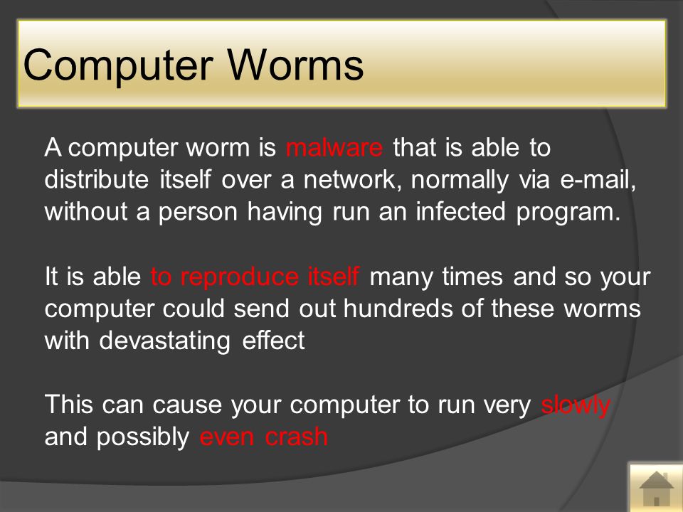 Computer Worms A computer worm is malware that is able to distribute itself over a network, normally via  , without a person having run an infected program.