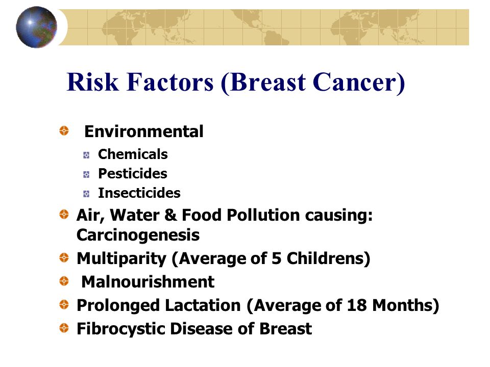 Risk Factors (Breast Cancer) Environmental Chemicals Pesticides Insecticides Air, Water & Food Pollution causing: Carcinogenesis Multiparity (Average of 5 Childrens) Malnourishment Prolonged Lactation (Average of 18 Months) Fibrocystic Disease of Breast