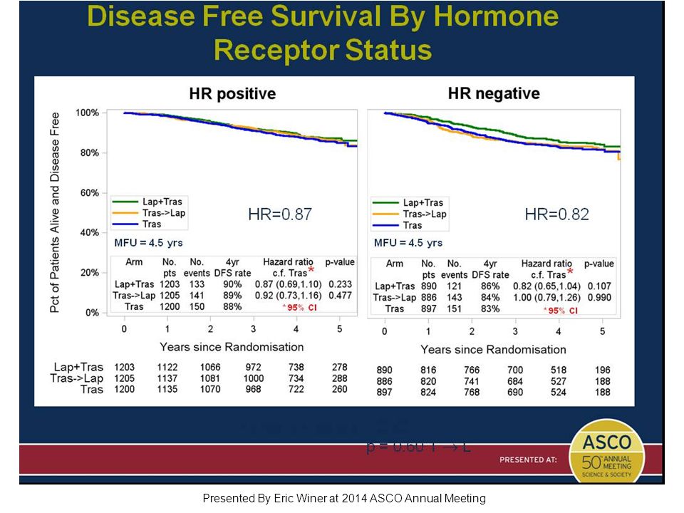 Disease Free Survival By Hormone Receptor Status Presented By Eric Winer at 2014 ASCO Annual Meeting
