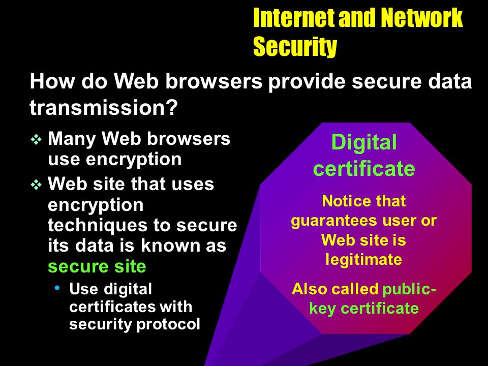 Internet and Network Security How do Web browsers provide secure data transmission.