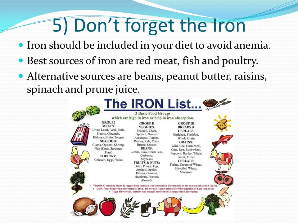 5) Don’t forget the Iron Iron should be included in your diet to avoid anemia.
