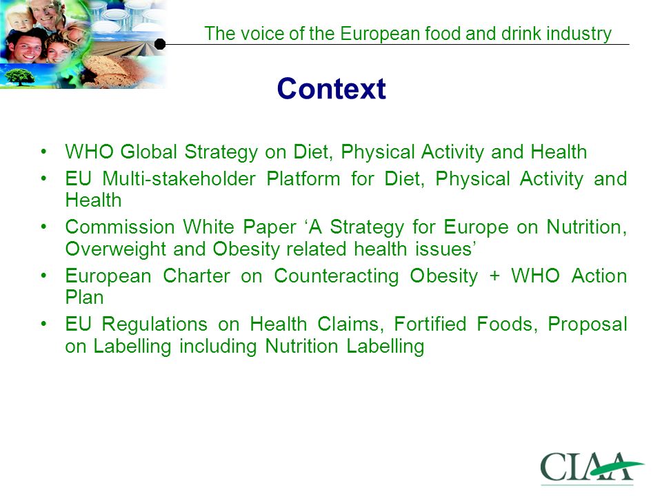 The voice of the European food and drink industry WHO Global Strategy on Diet, Physical Activity and Health EU Multi-stakeholder Platform for Diet, Physical Activity and Health Commission White Paper ‘A Strategy for Europe on Nutrition, Overweight and Obesity related health issues’ European Charter on Counteracting Obesity + WHO Action Plan EU Regulations on Health Claims, Fortified Foods, Proposal on Labelling including Nutrition Labelling Context