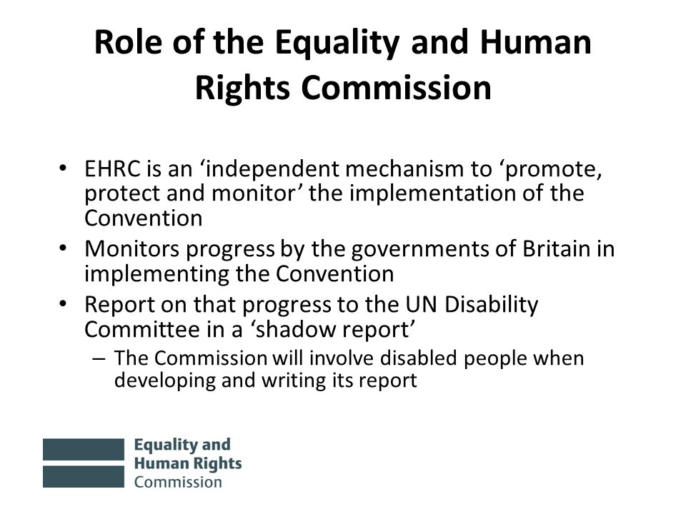 Role of the Equality and Human Rights Commission EHRC is an ‘independent mechanism to ‘promote, protect and monitor’ the implementation of the Convention Monitors progress by the governments of Britain in implementing the Convention Report on that progress to the UN Disability Committee in a ‘shadow report’ – The Commission will involve disabled people when developing and writing its report