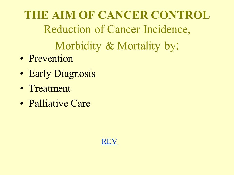 THE AIM OF CANCER CONTROL Reduction of Cancer Incidence, Morbidity & Mortality by : Prevention Early Diagnosis Treatment Palliative Care REV REV