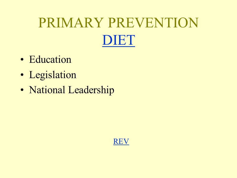 PRIMARY PREVENTION DIET DIET Education Legislation National Leadership REV REV